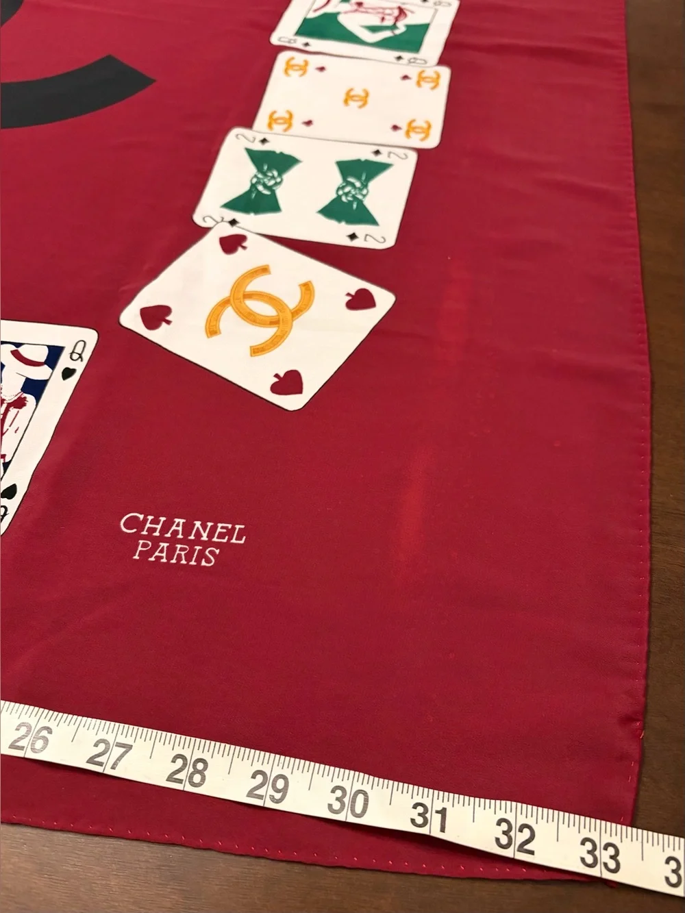 Vintage Chanel Playing Card Poker Themed Burgundy Black Silk Scarf